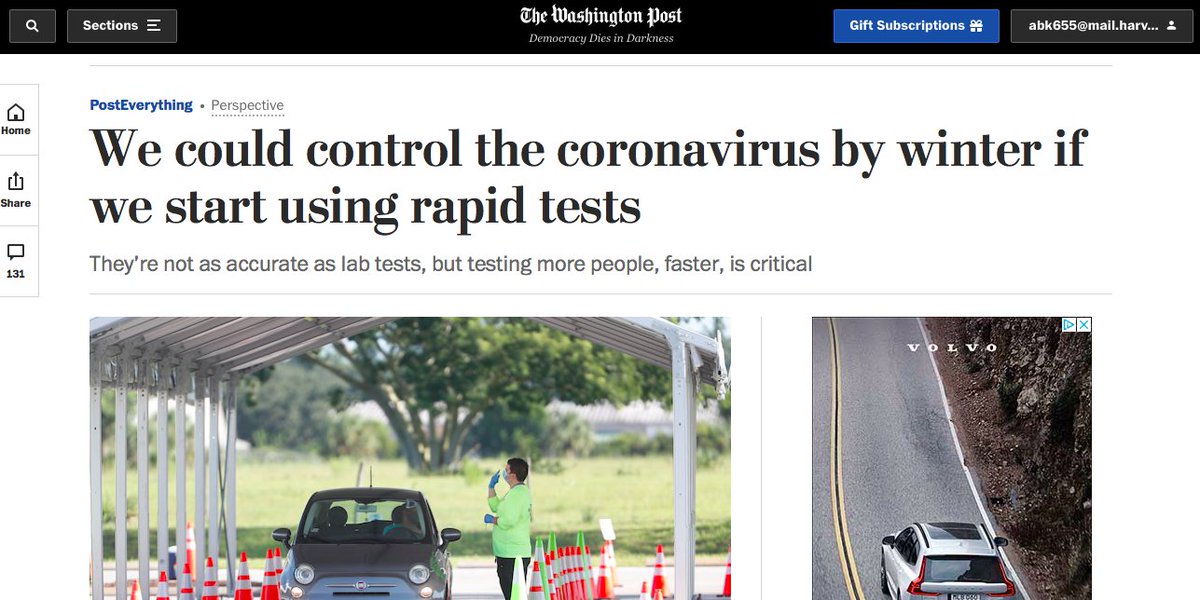 1/ Sharing our new piece in  @washingtonpost on using rapid tests for epidemic control.It shouldn't have taken 8 months for the idea to pick up- the same arguments were made for Ebola, Zika & other epidemic prone diseases by  @RanuDhillon  @sri_srikrishna  https://www.washingtonpost.com/outlook/2020/08/17/rapid-coronavirus-testing-pcr/