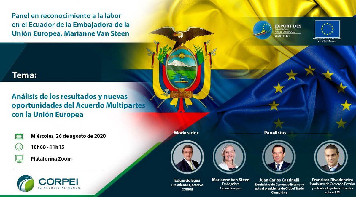 Los invito a ser parte de un homenaje que junto a la <a href="/Corpei/">CORPEI</a> realizaremos por la labor de la Embajadora de la Unión Europea, Marianne Van Steen. En este, se analizarán los resultados y oportunidades del Acuerdo Multipartes con la UE.

Registro: bit.ly/2Ybch9Q