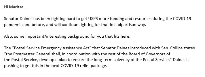 I asked for comment from the office of  @SteveDaines, and they told me he's committed to fight to get more funding for the USPS in a bipartisan way.  #mtnews  #USPS  #mtpol