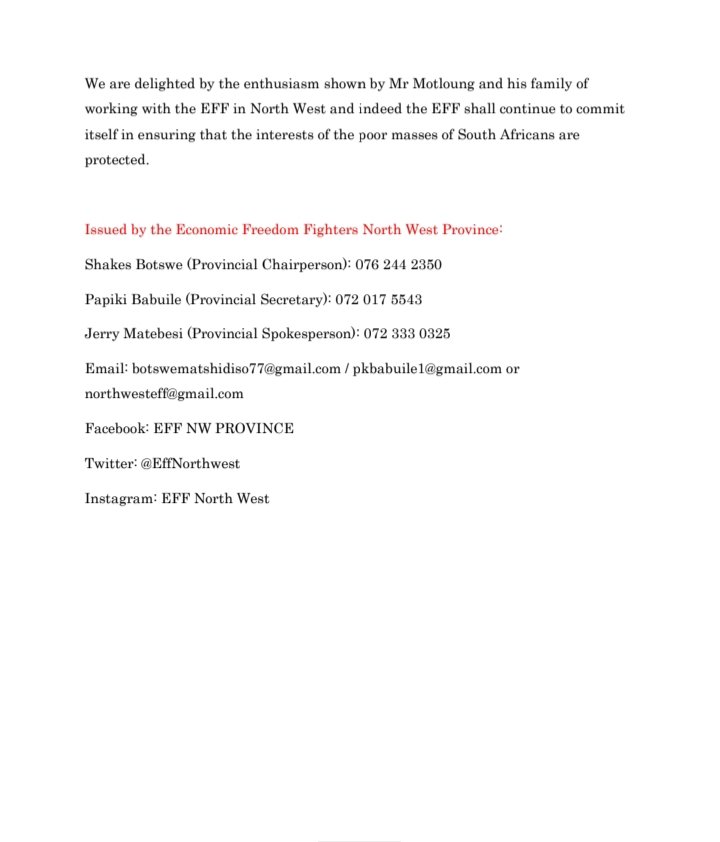 EffNorthwest's tweet photo. EFF NORTH WEST STATEMENT ON IT'S VISIT TO THE MOTLOUNG FAMILY.

@KBabuile @Botswe @EFFSouthAfrica https://t.co/7XyV8j13jb