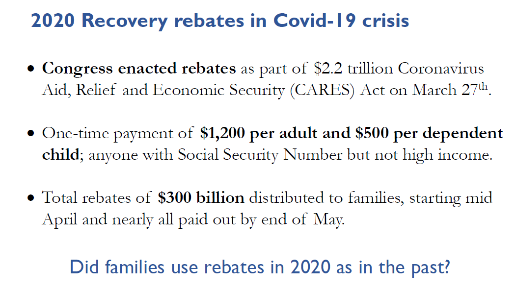 MUST KNOW THY POLICY ... rebates are different (BETTER!!) than in 2008 or 2001. PS I did not sleep until the CARES Act passed in the middle of the night. good stuff. on rebates: BIGGER MONEY, out FASTER, MORE PEOPLE got one