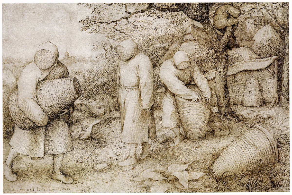 Here are the sources... and random bee history!Epic beekeeping history thread; https://www.medievalists.net/2015/06/medieval-beekeeping/The Beekeepers and the Birdnester Pieter Bruegel the Elder (1526/1530–1569)(if you haven't yet, google this artist, his work is amazing). https://en.wikipedia.org/wiki/Pieter_Bruegel_the_Elder