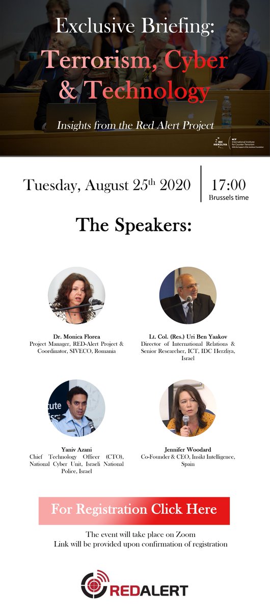 REDAlertProject's tweet image. Special Briefing: Terrorism, Cyber &amp;amp; Technology: Insights from the RED-Alert project

Tune in, August 25, 17:00 (Brussels time) via Zoom!

Register here: ictorgil.activetrail.biz/Exclusive-Brie…

@EU_H2020 #h2020 #technology #terrorism #cyber