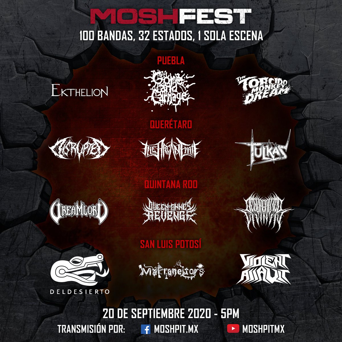 FRIENDS! We are very happy to announce our participation in this incredible and huge national event, representing our home state Querétaro with our brothers #Disrupted and #TheArcaneHate alongside many many more Mexican bands.
Special thanks to Armand of Moshpit and to MoshFest!!