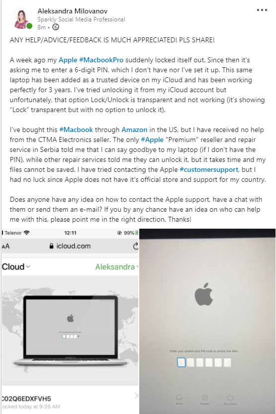 bebica021's tweet photo. Hey @AppleSupport do you have any support option for Serbia? Pls help me with my problem (explained in the picture below)!!! #macbookpro #apple https://t.co/G4A23EjYlY
