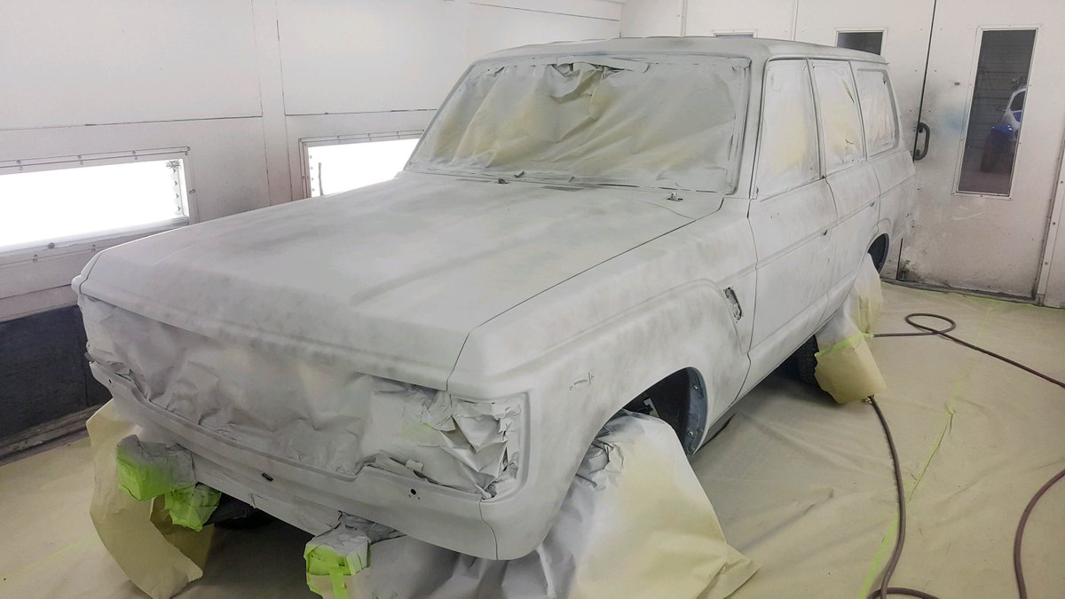 GasMonkeyGarage's tweet photo. Watch out, we've got a new project in the paint booth! This weekend Tony Taylor got his 1985 Land Cruiser FJ60 primered and one step closer to a fresh new paint job. What color are you thinking for this Land Cruiser? https://t.co/mQKgAQX04A