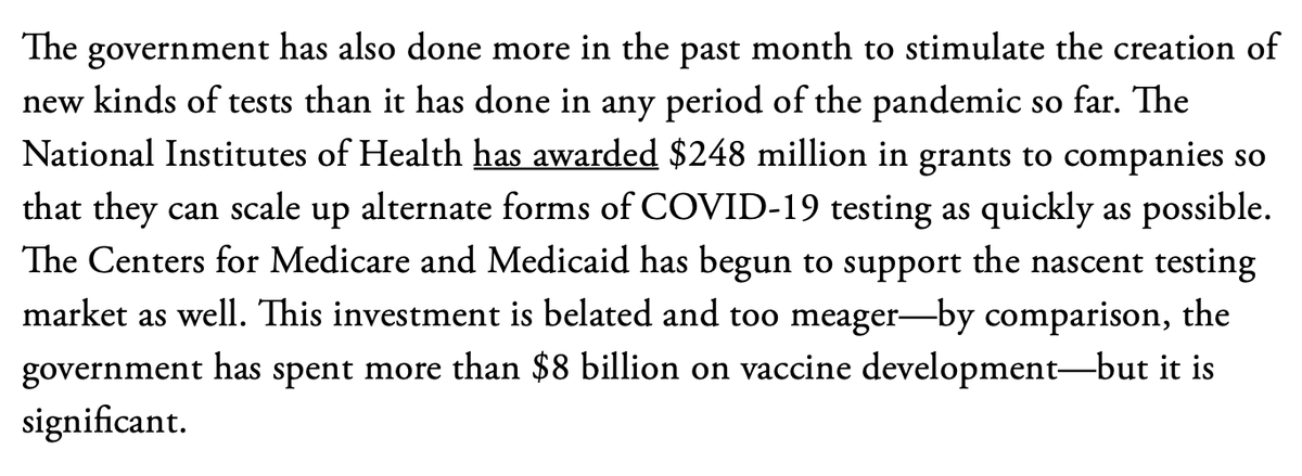 The Centers for Medicare and Medicaid also recently said it’s going to buy a form of antigen test for every nursing home in the country. This addresses Failure #3 and *also* Failure #2—by assuring demand, it further de-risks scale-up costs. (19/n)  https://www.theatlantic.com/health/archive/2020/08/how-to-test-every-american-for-covid-19-every-day/615217/