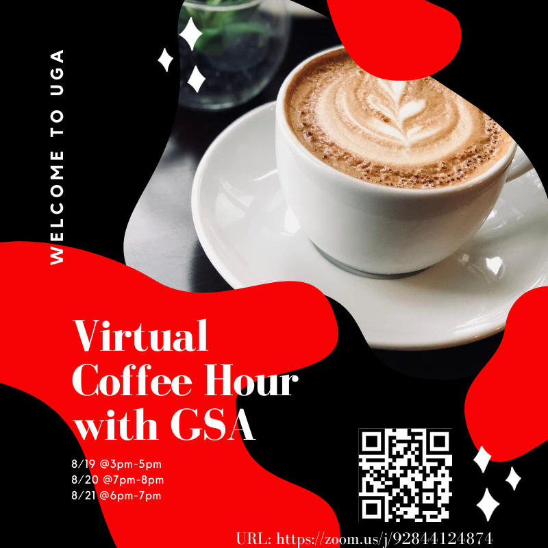ugagradstudents's tweet photo. New and returning #GradDawgs, come join us for our virtual coffee hours this week! Ask us any Qs related to GSA, UGA, or just hang out with us and other students! Scan the QR code or copy the URL into your browser. Email questions or comments to gsa@uga.edu. See you this week! https://t.co/QK1Hafi2RL