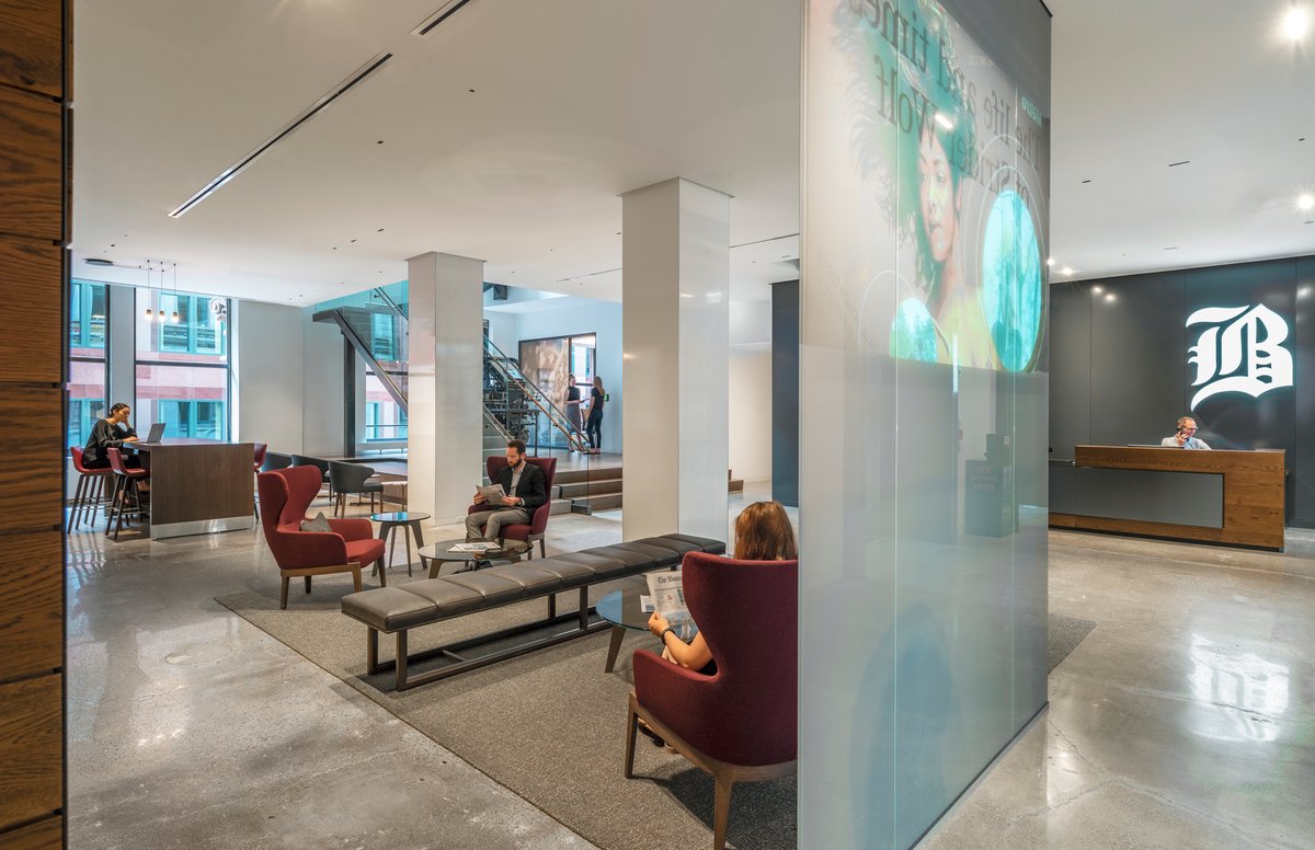 StructureTone's tweet photo. Together, #STBoston, @gensler_design & @Bala_Engineers used an independent platform at the base of the stair to create the necessary support for an open staircase in @BostonGlobe’s innovative workplace - a structural feat by all standards! #NationalMassachusettsDay https://t.co/qPbUEzsd7W