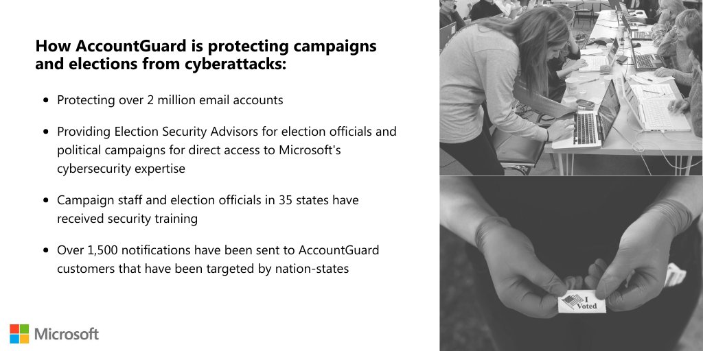 BradSmi's tweet image. Since 2018, we’ve been working to defend democracy through our #AccountGuard program in three ways: protecting political campaigns from hacking, preserving the electoral process, and defending against disinformation. microsoftaccountguard.com/en-us/