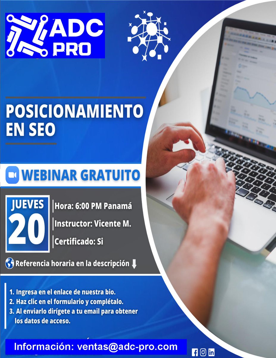 pro_adc's tweet image. Academy Dc te Invita a Webinar Gratuito de:
Posicionamiento de SEO, Fecha: 21 de Agosto,
Inscribite a este Link:
lnkd.in/epSsDSV
ventas@adc-pro.com
#cursosremotos #cursosenpanama #universidaddepanama #cursosonline #cursosenelsalvador #universidadinteramericanadepanama