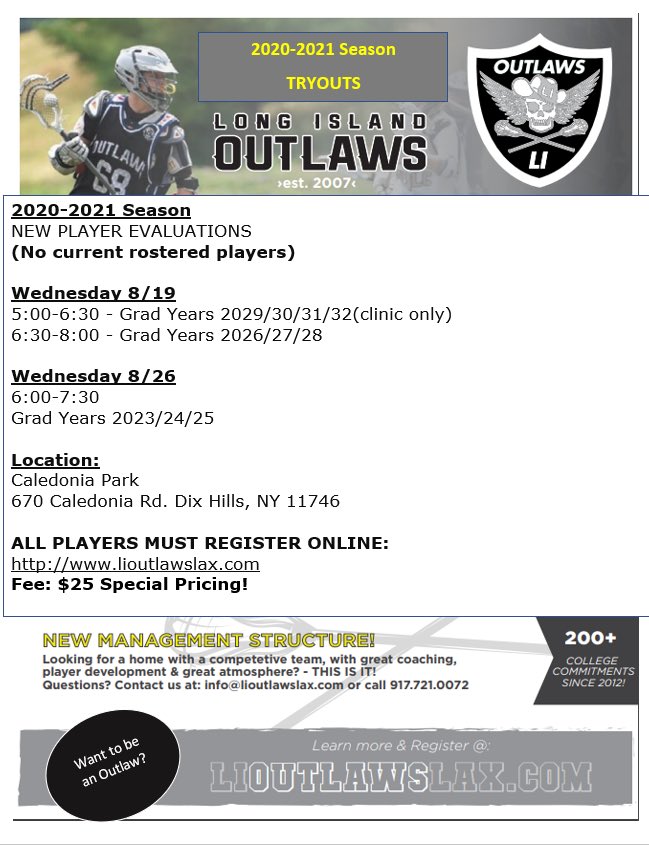 Want to be an Outlaw?
Tryout this Wednesday 8/19
All welcome!