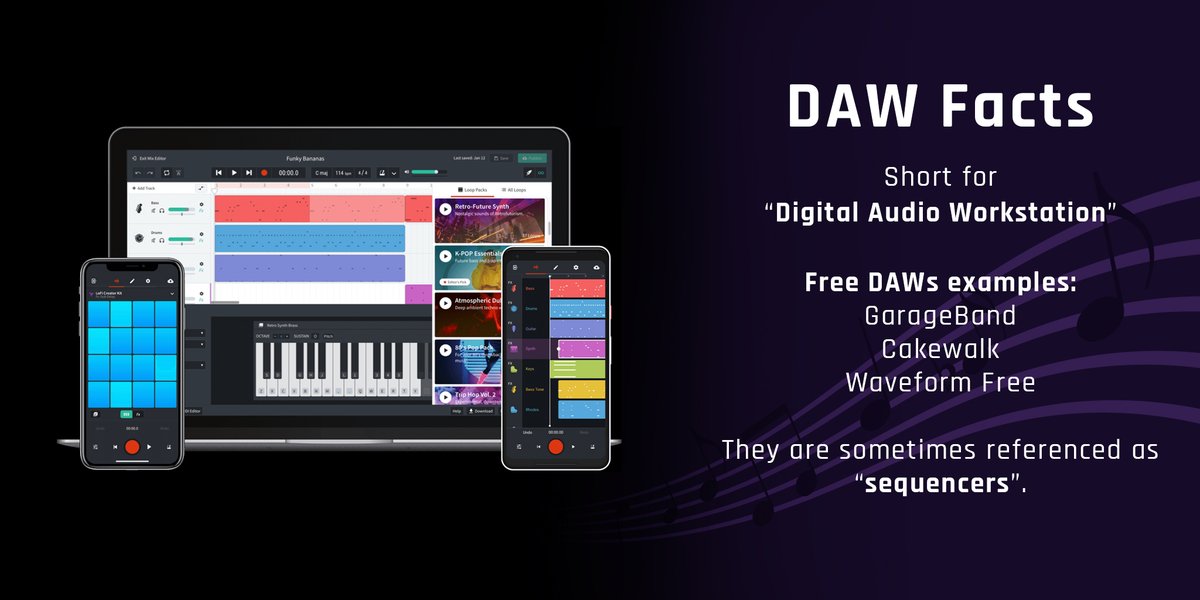 digimusic2020's tweet photo. Music technology has come a long way! Here are some fun facts about DAWs:

🎵 DAW = Digital Audio Workstation
🎵 Free DAWs examples: GarageBand, Cakewalk, Waveform Free
🎵 Sometimes referenced as "sequencers"

Check out the music workshops on our website | https://t.co/G9shOdN5hF https://t.co/KaSTUkre5r