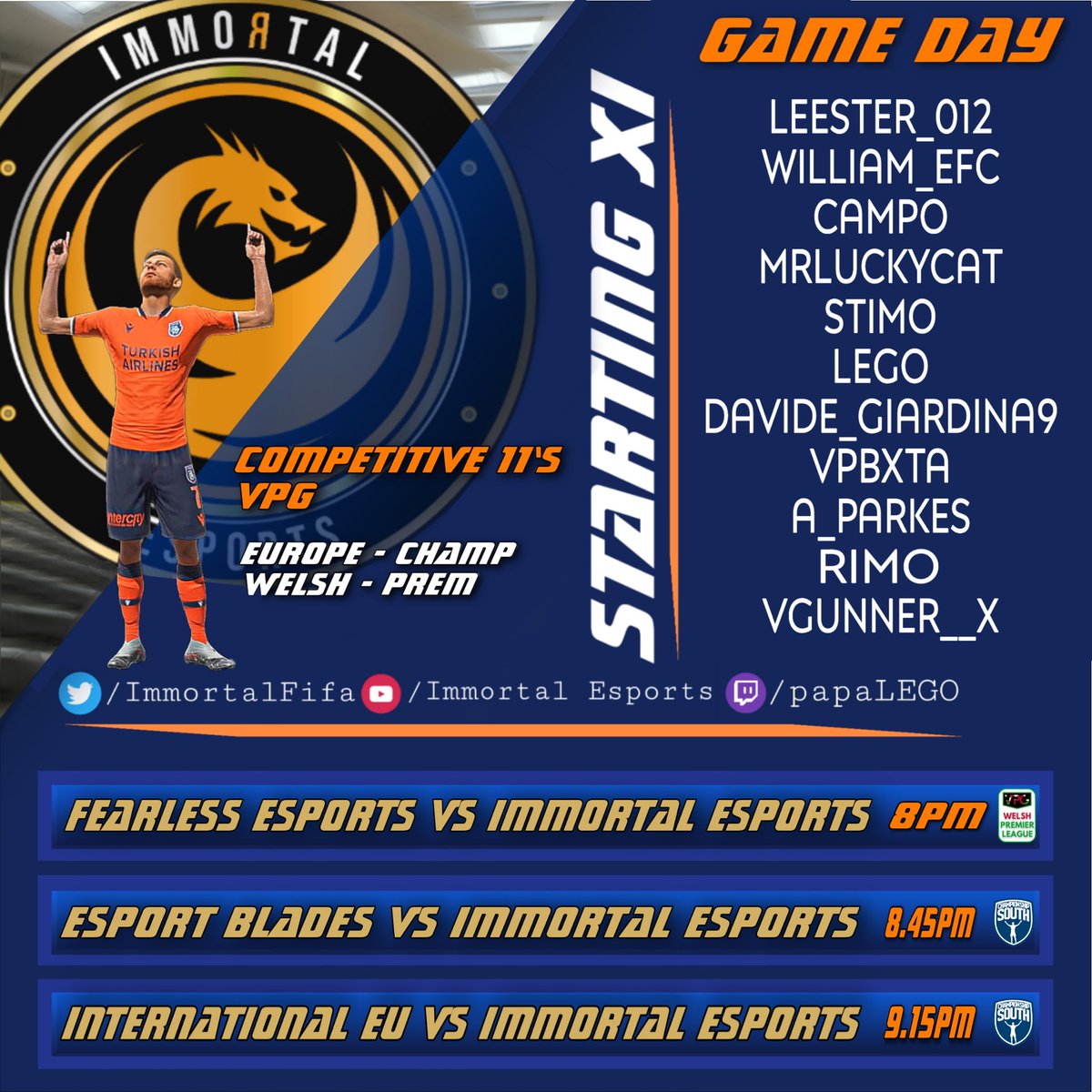 💥Tonight’s VPG Midweek Games💥

🆚<a href="/VPGFearless/">Fearless eSports</a> 
🕰8:00pm
🏆<a href="/VPG_WALES/">VPG Wales</a> 

🆚<a href="/EsportBlades/">Blades esport</a> 
🕰8:45pm
🏆<a href="/OfficialVPG/">Virtual Pro Gaming</a> Championship South

🆚International EU
🕰9:15pm
🏆<a href="/OfficialVPG/">Virtual Pro Gaming</a> Championship South

#WeAreImmortal