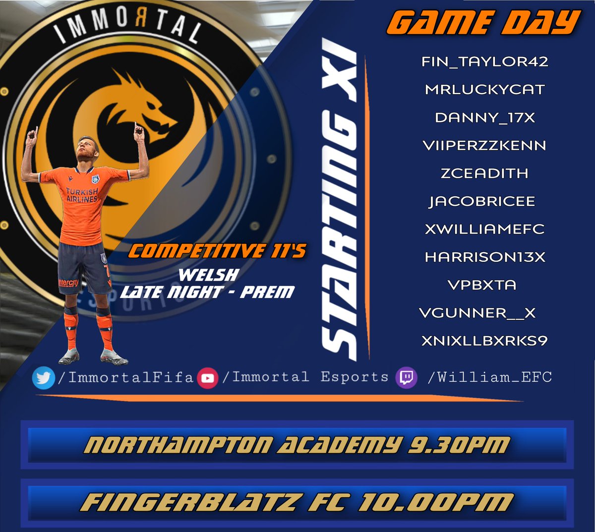 💥Tonight’s VPG LN Games💥

🆚@NTFCACAD 
🕰9:30pm
🏆<a href="/VPG_WALES/">VPG Wales</a> Late Night

🆚Fingerblatz FC
🕰10:00pm
🏆<a href="/VPG_WALES/">VPG Wales</a> Late Night

#WeAreImmortal