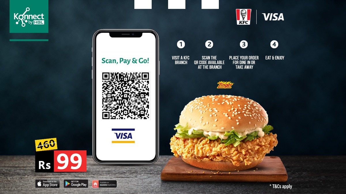 Zinger for just PKR 99 with Konnect!
 
Simply scan the Visa QR and get a KFC Zinger for only PKR 99 instead of PKR 460!

Download bit.ly/2GvZZ4N now to enjoy this great offer!
 
Terms and conditions apply. 
#KonnectbyHBL #AbLifeHaiSimple #ZingerDeal