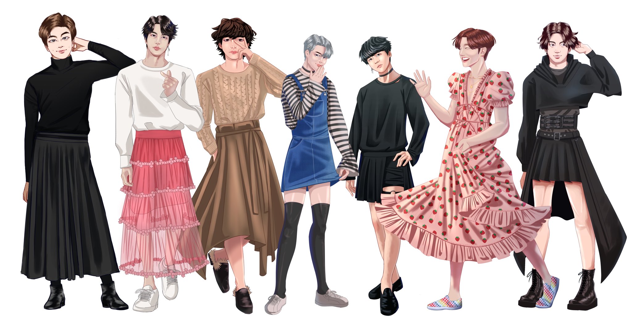 Gin⁷ on X: ot7 in skirts/dresses,they are all finally done,the strawberry  dress was the most difficult to draw #BTS #btsfanart #RM #JIN #TAEHYUNG  #JIMIN #SUGA #JHOPE #JUNGKOOK  / X