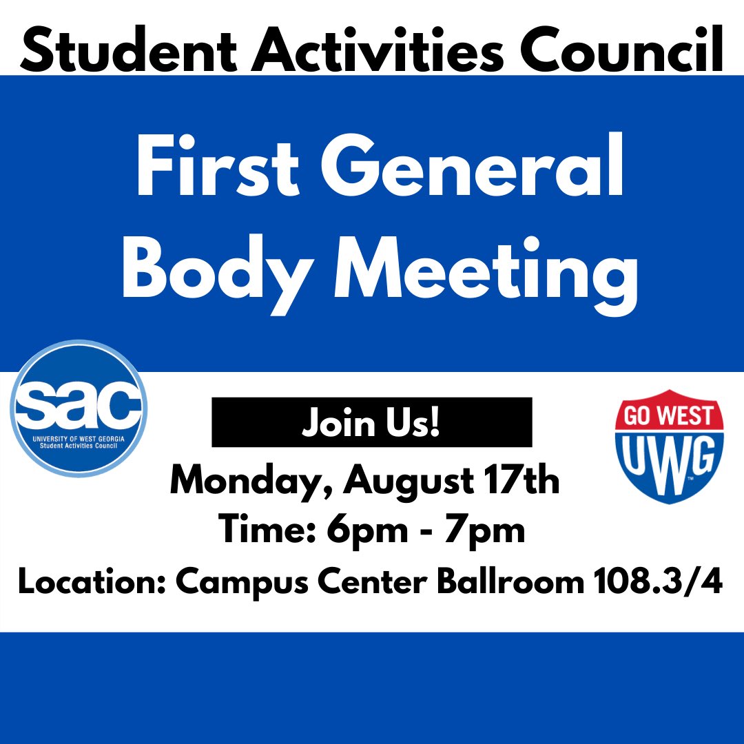 Join us for SAC’s first general body meeting of the school year TONIGHT at 6pm in the Campus Center Ballroom 108.3/4. Come out to hear about the events we have in store this semester. We can’t wait to see you there! 
.
#uwg #uwg21 #uwg22 #uwg23 #uwg24 #universityofwestgeorgia