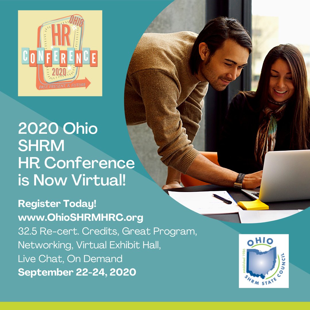 OHSHRM's tweet photo. The 2020 Ohio HR Conference is virtual! 💻 Sept. 22-24, 2020 register today! https://t.co/z0dJtOYL4a The virtual platform offers speaker content, live chat, networking, a virtual exhibit hall &amp; 32.5 re-certification credits! View the full schedule here: https://t.co/KiCYpoKOgU https://t.co/SK1EZPNnEb