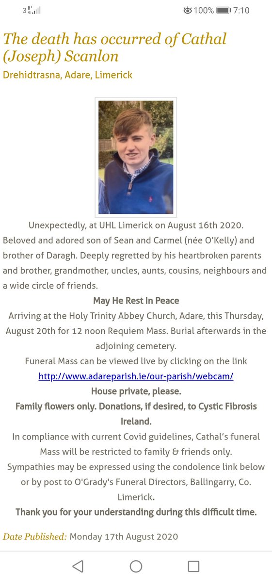 It is with great sadness that we learned of the death of our clubman Cathal Scanlon (son of our senior club secretary Séan) As a mark of respect all Adare GAA club activities will cease from tomorrow Tuesday 18th August and recommence on Friday 21st August.