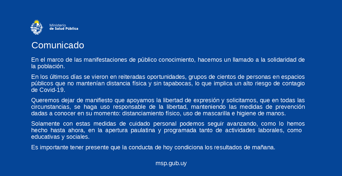 El MSP hace un llamado a la solidaridad de la población, solicitando nuevamente que se eviten las aglomeraciones y se continúen poniendo en práctica las medidas de prevención de #COVIDー19.