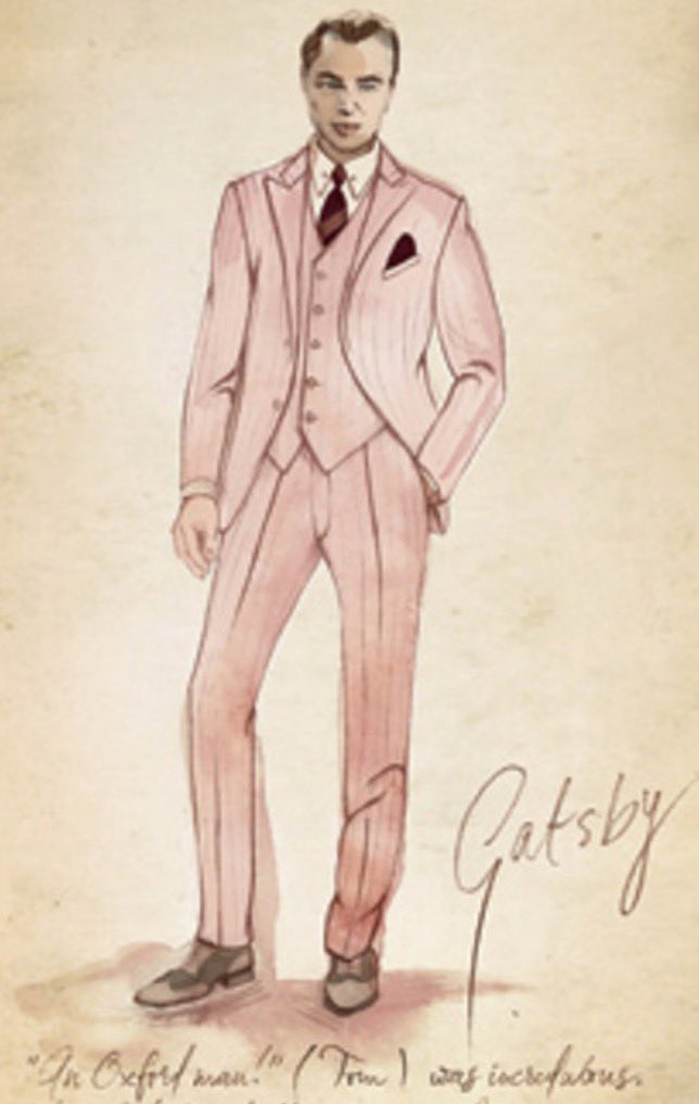 okay so the first thing to point out is the pink linen suit he is wearing in the cover with a striped tie and a handkerchief in the pocket. in TGG, the suit represented hope as Gatsby wore it in hopes for his love with Daisy