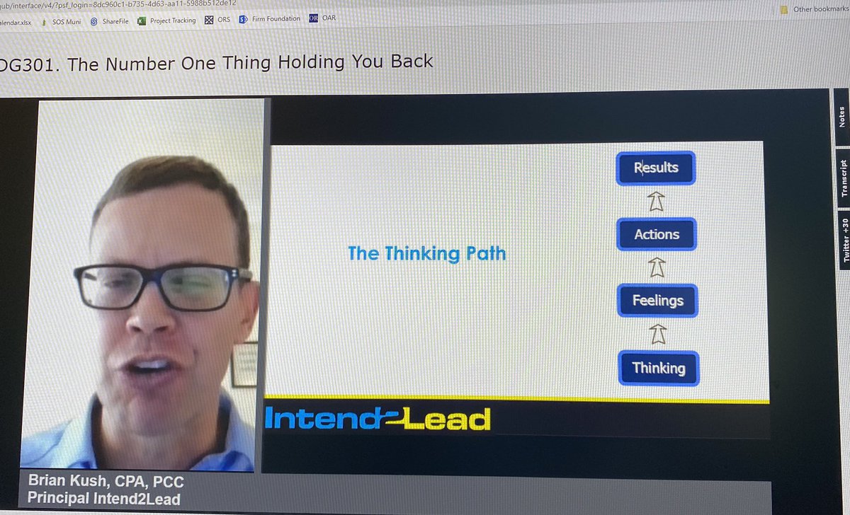 MoffittTonya's tweet photo. Great session by @briankush_ with @Intend2lead we need to examine our thoughts it will help us to feel better, be engaged, and have better results that are contagious. Use the thinking path. We are limited by our prospective! #ENGAGE2020 #AICPAEDGE #I2L #Demensionofpossible https://t.co/4cE9VKNVw9