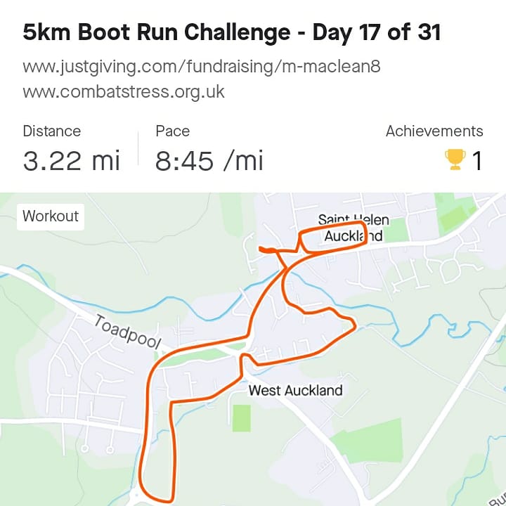 ma_mac08's tweet photo. 5km Boot Run Challenge - Day 17 of 31 raising money for @CombatStress. #combatstress #mentalhealth #mentalresiliance #Veterans #veteransupport #positivity #speakout #bodyandmind #alwaysawayout #alwaysalittlefurther #stayhard https://t.co/edcVZ434Do