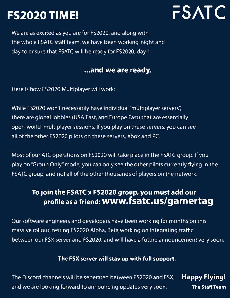 SimverseDiscord's tweet image. We are as psyched for #FS2020 as you are! FSATC will be controlling on FS2020, beginning the moment of release, tonight! #FlightSim #avgeek 

Must follow FSATC to join: fsatc.us/gamertag