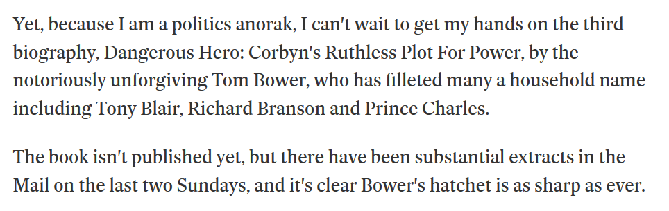 RDE was gushing in her praise for Tom Bower's "biography" of Corbyn, which—as Peter Oborne showed—was a risible, intellectually degraded farrago, with a generous helping of xenophobic coat-trailing. Again, the ends justify the means for Edwards, it seems. https://www.middleeasteye.net/opinion/tom-bower-book-dangerous-hero-jeremy-corbyn-labour-leader-truth