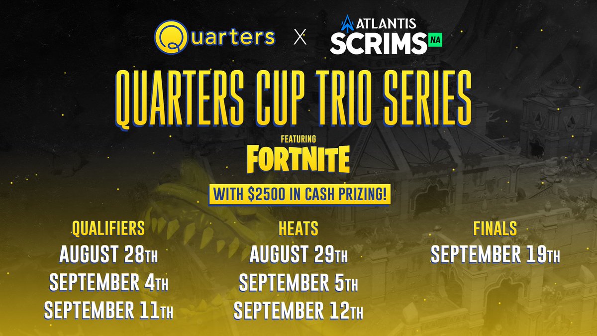 3thixGaming's tweet photo. We are excited to announce...

🔥 Quarters X Atlantis Scrims NA 🔥

$2500 Fortnite Trio Tournament

Qualifiers Start 28th August!

Register Here 👇
https://t.co/l5UEUXyEaz

@ATLScrims_NA 
#Fortnite #FortniteTrios #FortniteCustoms https://t.co/t51vit5AwG