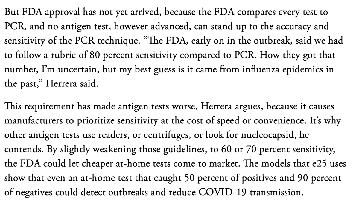 The FDA also discouraged investment here. Because it compares all new tests to gold-standard PCR tests, it’s hard for firms to bring new (and less accurate) experimental tests to market, even if they’re meant to answer different questions than PCR: (15/n)  https://www.theatlantic.com/health/archive/2020/08/how-to-test-every-american-for-covid-19-every-day/615217/