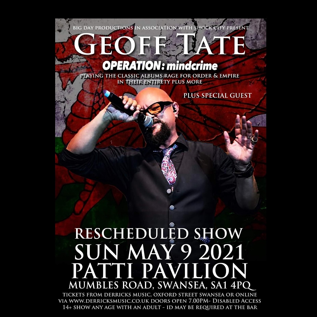 Rescheduled show:
Geoff Tate (Official) show at the Patti Pavilion will now be:
Sunday May 9th 2021.
This years tickets are still valid for 2021 
derricksmusic.co.uk/Tickets.html?e…