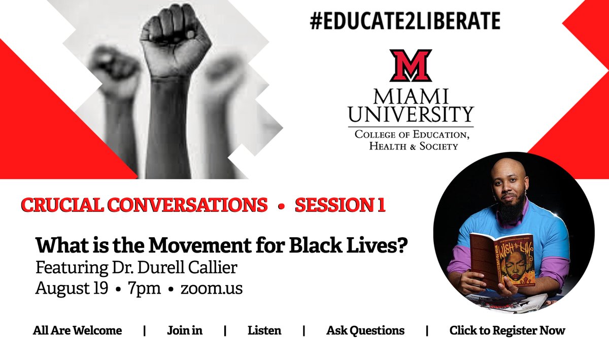 MiamiOHehs's tweet photo. The #Educate2Liberate Crucial Conversations series kicks off this Wednesday from 7:00-8:30 on Zoom. All are welcome to join in, listen, and ask all the questions you’ve been wanting to ask. Simply follow the link to register. - https://t.co/jxxW22Ei5O https://t.co/SecpQEZoep