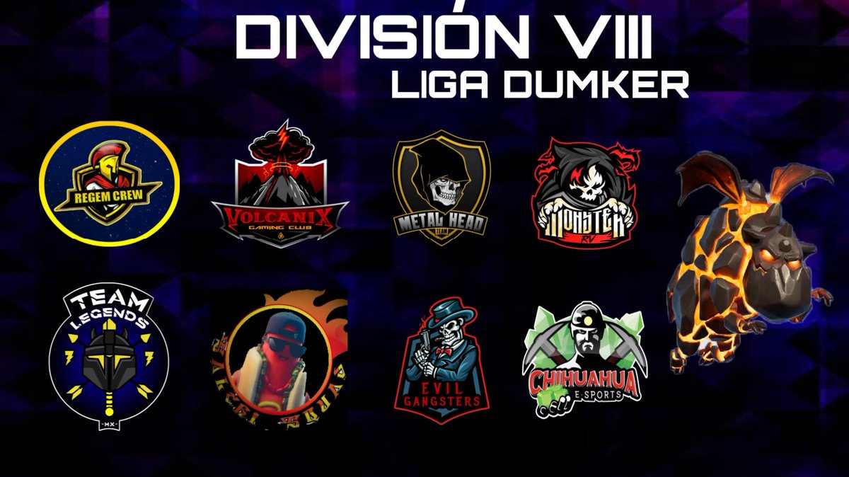División 8 - Liga Dumker 🎖

@RV_MONSTER_ 
@EvilGangstersMX
<a href="/EcSalchi/">Salchi Squad Ec</a>
<a href="/chihuahua_e/">Chihuahua E-sports</a> 
<a href="/VOLCANIX4/">Volcanix</a>
<a href="/RegemCrew/">Regem Crew</a>
<a href="/MetalHeadTeam1/">Metal Head Team</a>
<a href="/LegendsMx_Cr/">⚡Legends Mx™⚡️</a>