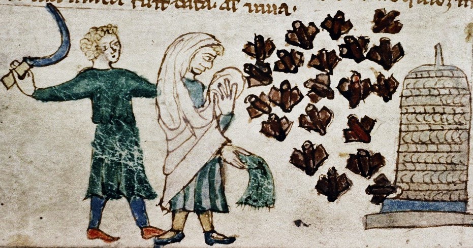 Bees flying to Hive, man with sickle and woman. English c.1300. detail