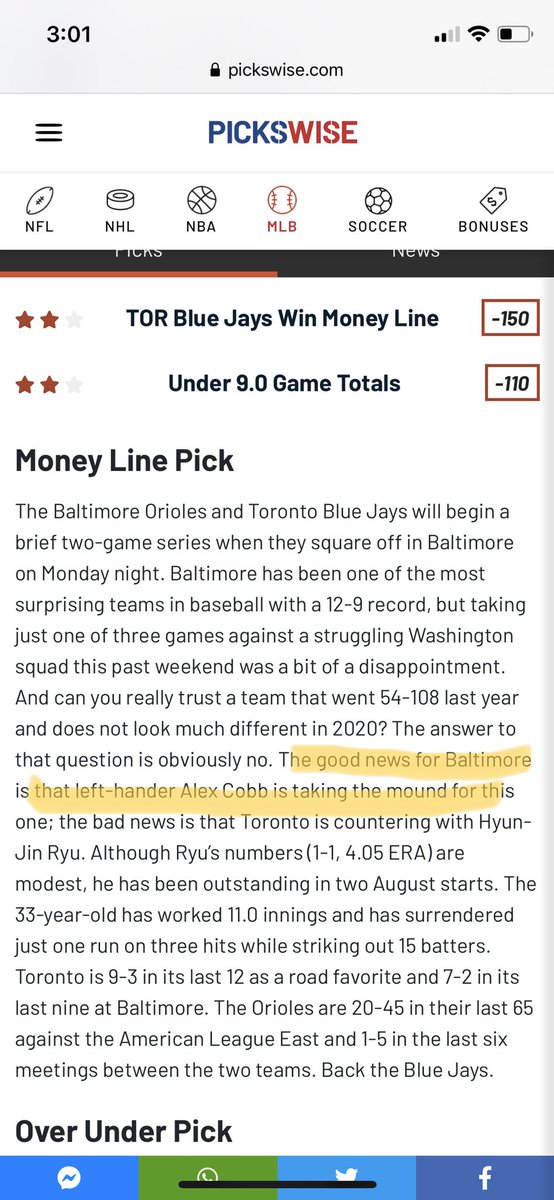 DFS_Timidator's tweet photo. @Pickswise Alex Cobb isn’t left handed...does that change the analysis? https://t.co/1pt3aC86I3