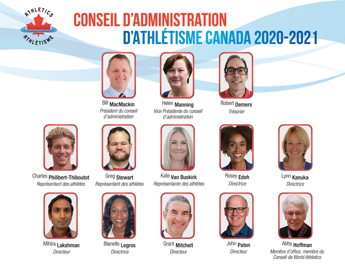 Athletics Canada Announces 2020-2021 Board of Directors 

Athlétisme Canada dévoile la composition de son conseil d’administration 2020-2021

EN: bit.ly/31XVKHr​
FR: bit.ly/34a14dy