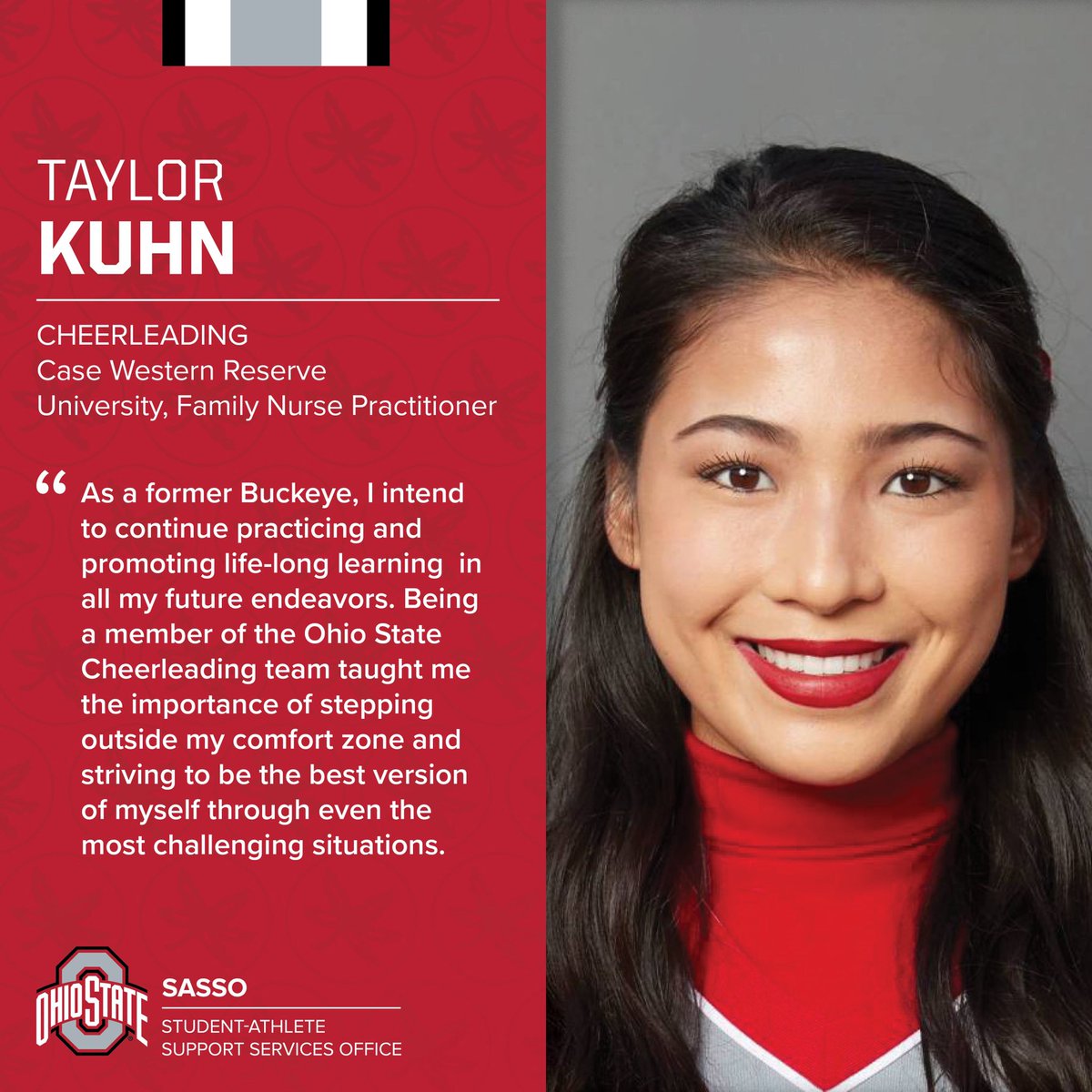 SASSO_OSU's tweet photo. Once a Buckeye, Always a Buckeye! ❤️🌰✨
 
Congratulations 👏 to Taylor Kuhn @OSU_SpiritSquad on continuing her education in graduate school❗️📚🩺

Looking forward to the impact you continue to make! #GoBuckeyes https://t.co/CLGfk4GiRx