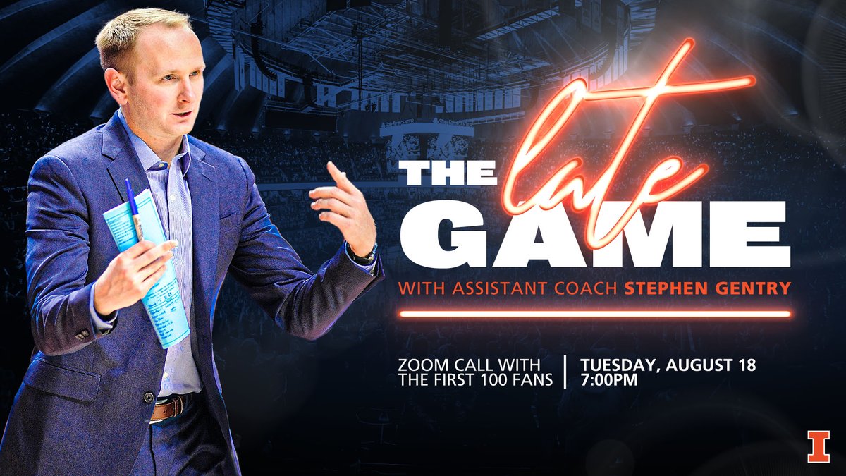 IlliniMBB's tweet photo. 𝙏𝙝𝙚 𝙇𝙖𝙩𝙚 𝙂𝙖𝙢𝙚 with @CoachSGentry 

The first 100 fans to retweet and DM us will receive an invitation to a Zoom call with #Illini assistant coach Stephen Gentry. 

Coach Gentry will go over some of his late game strategies tomorrow night at 7 pm! #EveryDayGuys https://t.co/9p4QxfTrz5