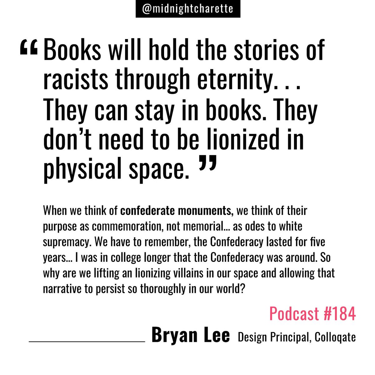 SecondStudioPod's tweet image. Quote of the week! @BCLeeJr @colloqate 
From episode #184
midnightcharette.com/podcasts-7/epi…

#designpodcast #architecture #architecturepodcast #blm