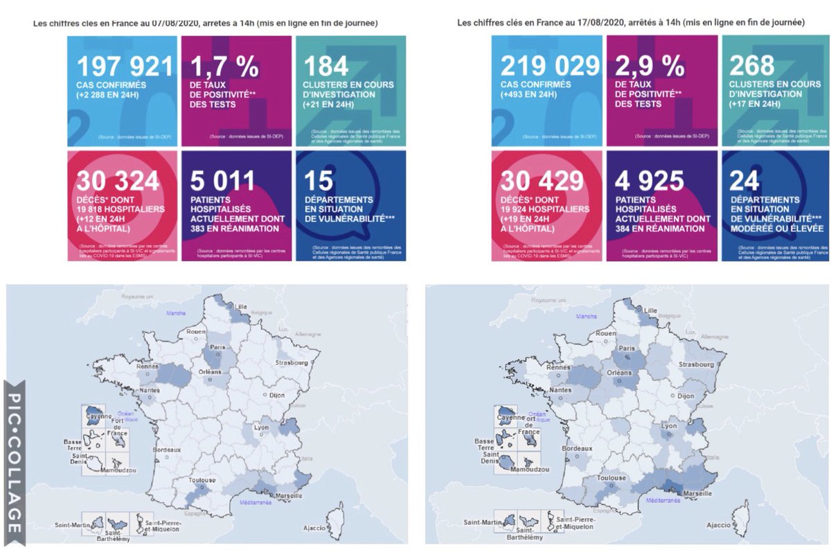 SFVC_19's tweet photo. 🚨 CORONAVIRUS: Les chiffres clés en France au 07/08/2020 et au 17/08/2020 et le taux d’incidence pour 100 000 habitants par département sur les 14 derniers jours  :

Source : 
https://t.co/4RF9O2vv9D https://t.co/zUiq9NBAtB