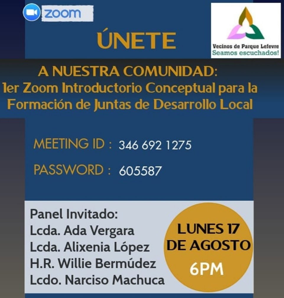 DeParqueLefevre's tweet photo. Residentes de Parque Lefevre, recuerden que hoy, a las 6:00pm 🕕 tendremos nuestra 1ra reunión conceptual, para comprender mejor de qué tratan las Juntas de Desarrollo Local 📌📝
Participa‼️
Y si deseas entrar sin ser del corregimiento, también eres bienvenido☑️
#SeamosEscuchados https://t.co/CnKSGTtF07