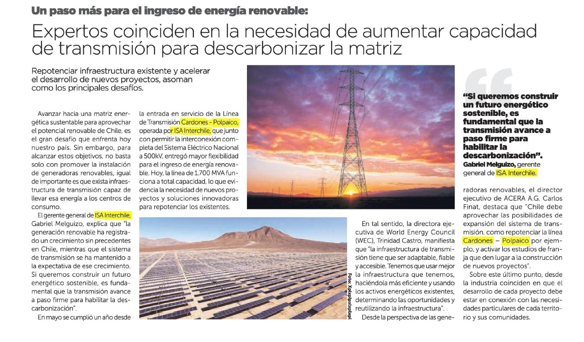 WEC_Chile's tweet photo. 🗞️#WECCHILE EN LA PRENSA | "Tenemos que usar mejor la infraestructura que tenemos", declaró nuestra Dir. Ejec, M. Trinidad Castro, en el especial Energía Zero Carbón de @latercera este domingo 16. @WEC_Chile colaborando en la transición energética. @ISAConexiones https://t.co/W0N8YrI54r