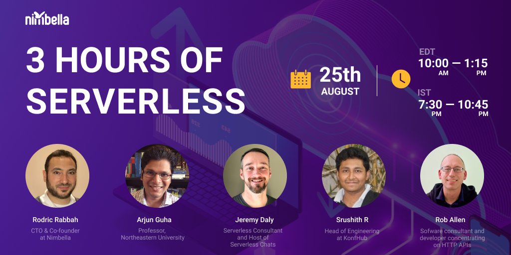 Register for the inaugural #3HoursOfSeverless conference and receive best practices directly from serverless experts around the globe: <a href="/rabbah/">rodric</a>, <a href="/jeremy_daly/">Jeremy Daly</a>, <a href="/akrabat/">Rob Allen</a>, <a href="/SrushithR/">Srushith Repakula</a>, <a href="/ArjunGuha/">Arjun Guha</a>. Hosted by <a href="/nimbella/">nimbella</a> powered by KonfHub ⏩ bit.ly/3-hours-of-ser…