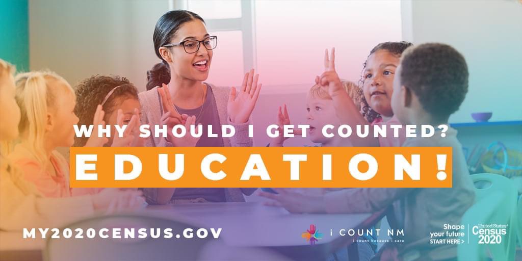 ICountNM's tweet photo. New Mexico, it's time to respond to the #2020Census! Did you know that a HUGE amount of education funding is determined by Census data? Responding is quick and easy! You can get counted in the Census online (https://t.co/ioOhJH4HEi), over the phone (844-330-2020), or by mail. https://t.co/llZQtdTRYI
