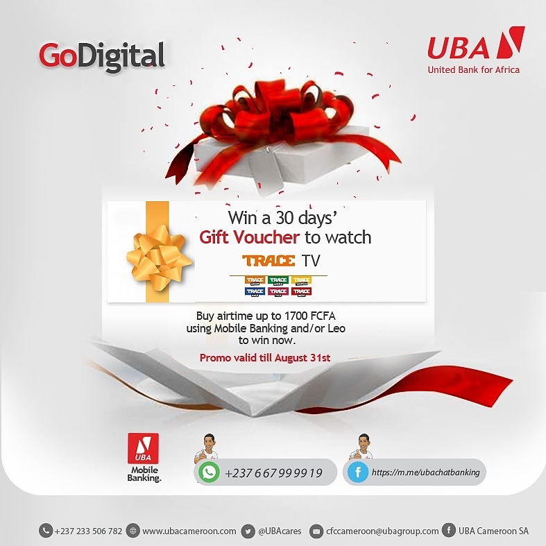 ubacameroon's tweet photo. Do you already have your 30 days' Voucher to watch Trace TV?
If not, buy airtime today up to 1700 fcfa with Mobile Banking or Leo and win!
#GoDigital #TheLeadingDigitalBank
#LeoBff #VirtualBanker #MobileBanking https://t.co/G2KMFOF97R