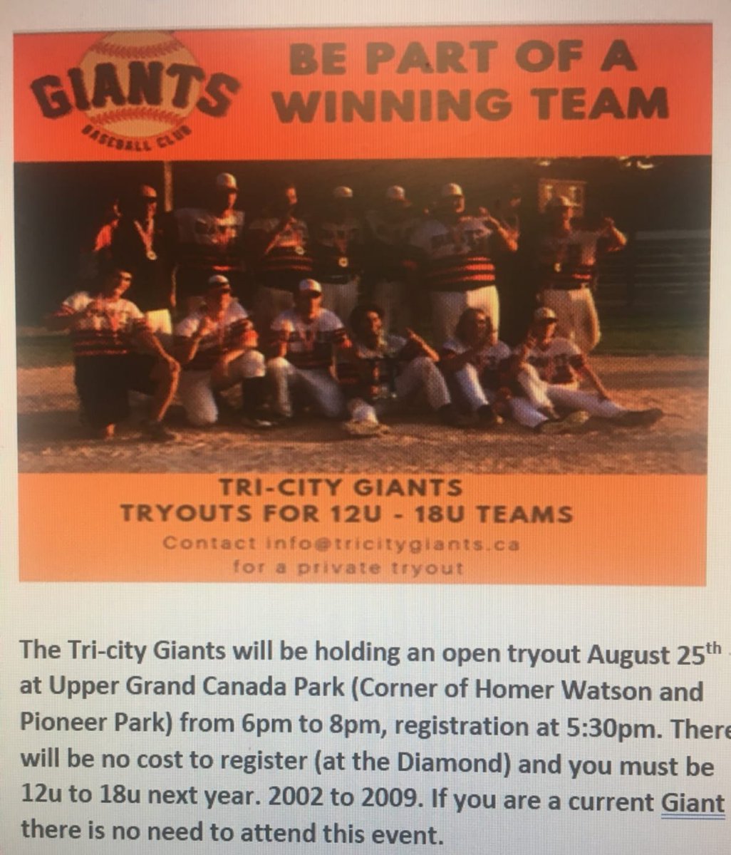 tricitygiants's tweet photo. Tri City Giants open tryouts on August 25th at Grand Canada Park in Kitchener. Details below #TCGiants @FJSLbaseball https://t.co/XtUYcrkG7S