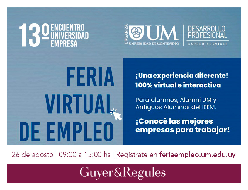 Feria virtual de empleo de la <a href="/UnivMontevideo/">Universidad de Montevideo</a>, 100% virtual e interactiva. 🗓Próximo 26 de agosto de 🕘9:00 a 15:00 hs. Ingresá a nuestro stand y chateá con nuestros profesionales de primera mano.
Anotate en ➡️ lnkd.in/d4vSUYu
#GuyeryRegules #FeriaEmpleoUM