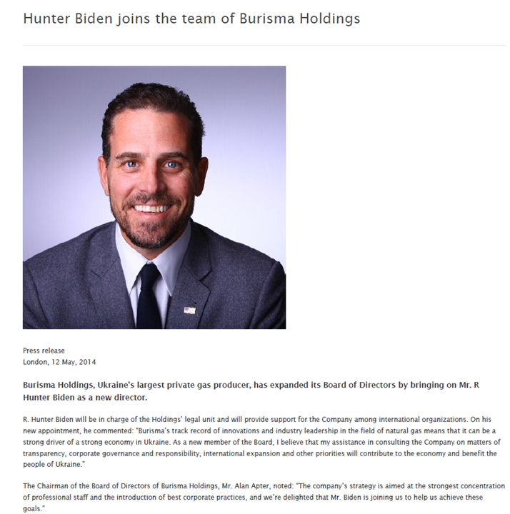 May 2014:Burisma announces the addition of Hunter Biden to their Board of Directors, noting that Hunter is also a "well-known public figure."3/